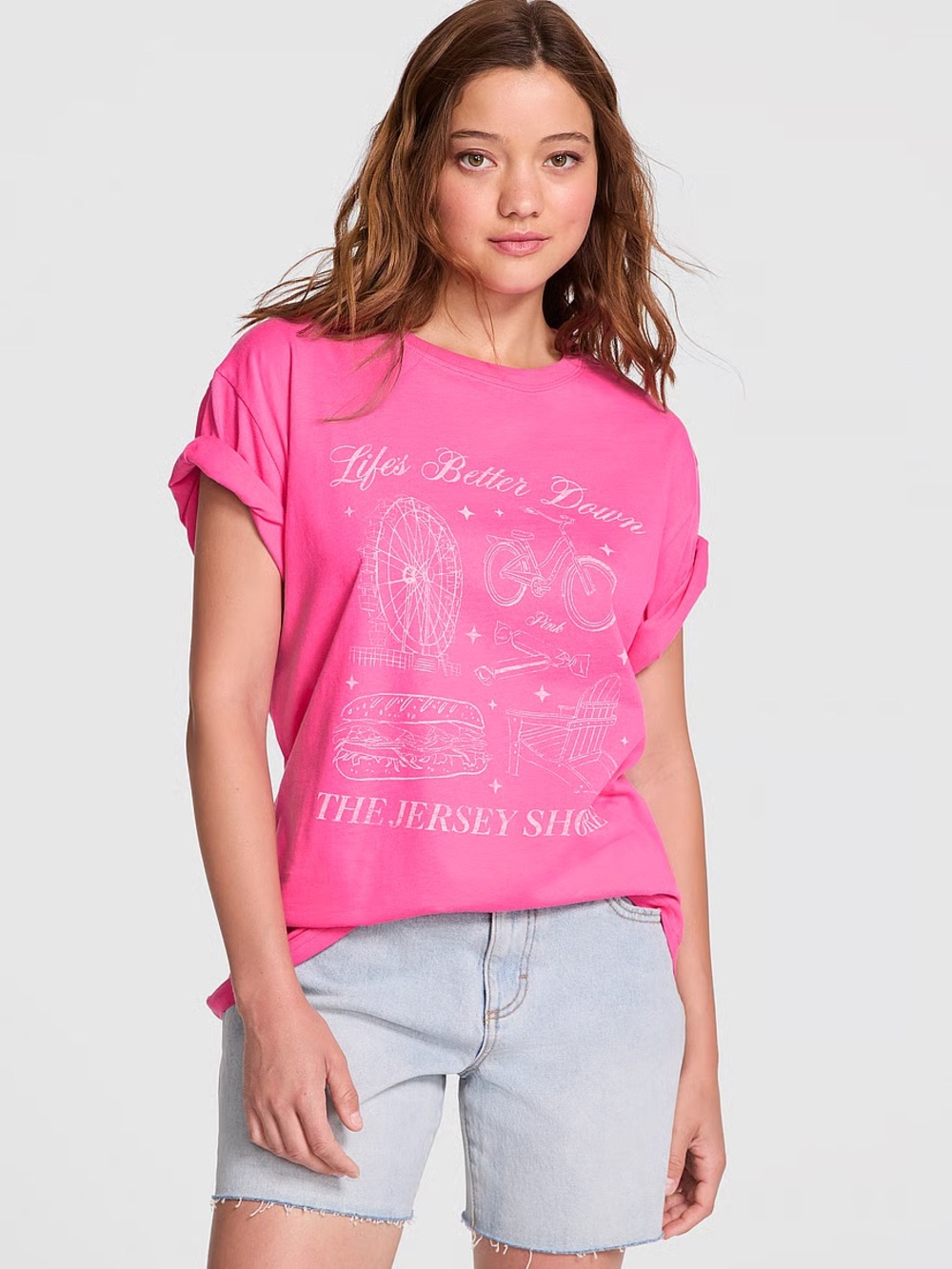 VICTORIA’S SECRET VS PINK SHORT SLEEVE CAMPUS TEE SHIRT JERSEY SHORE RARE HTF LG